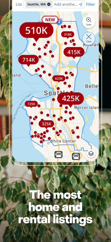 Zillow app map interface showing home and rental listings with price tags in Seattle