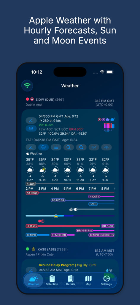 AvWx - Interfaz de la aplicación AvWx que muestra pronósticos meteorológicos aeronáuticos por hora con eventos de sol y luna en una línea de tiempo.