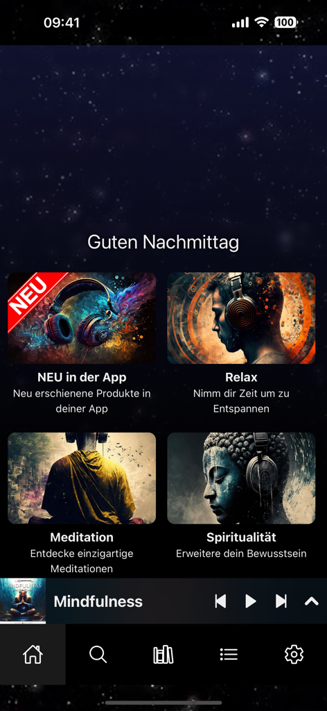Home screen of the Brainwave3D meditation app showing categories for relaxation and spirituality.