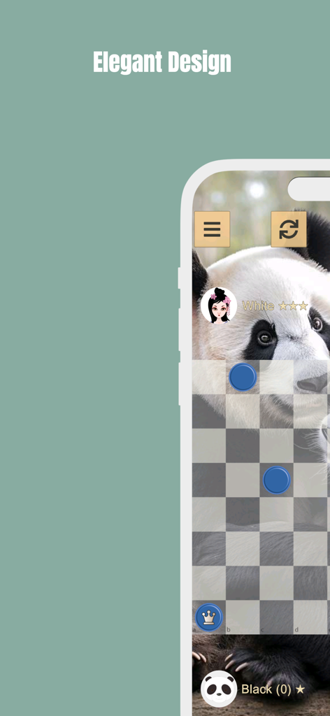 Checkers game board with a panda background image and blue pieces