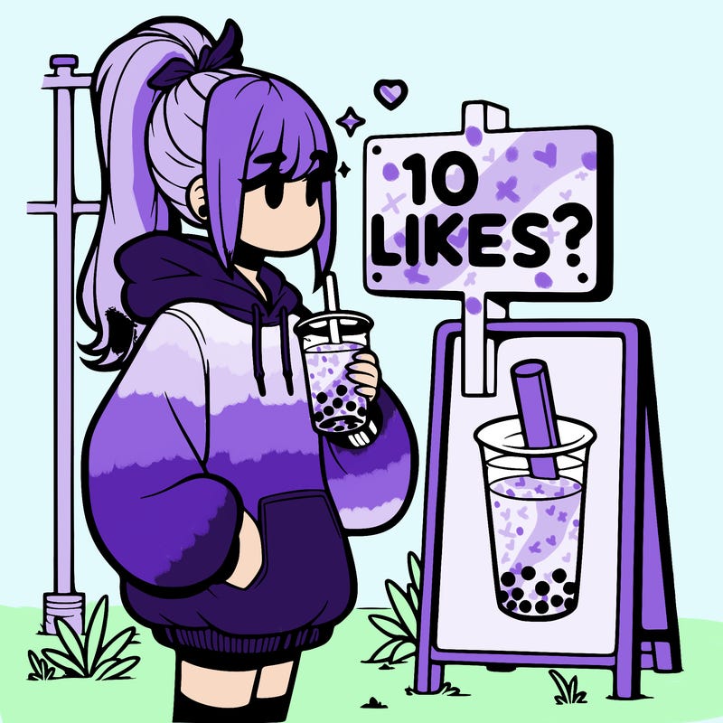 girl with oversized hoodie drinking boba and she has a high ponytail with a sign that says 10likes?
