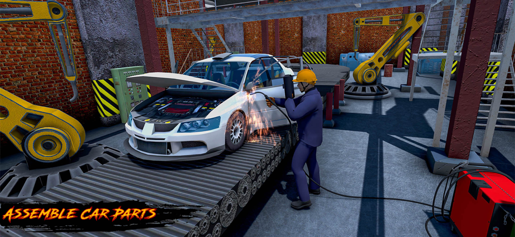 Car Maker Factory Mechanic - Mechanic welding a white sports car on a factory assembly line