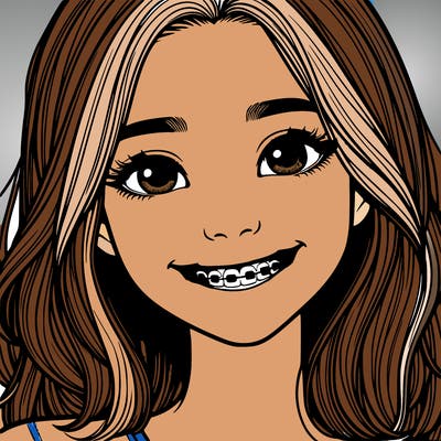 a girl with braces smiling with freckles realistic