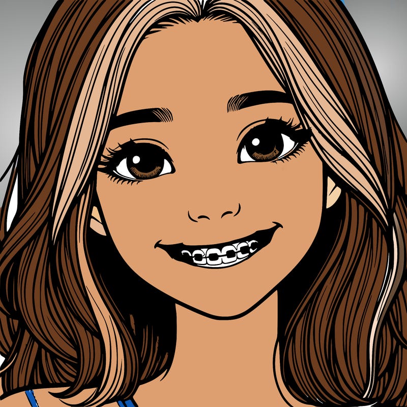 a girl with braces smiling with freckles realistic