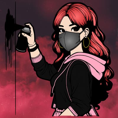 realistic girl with mask spray painting a wall