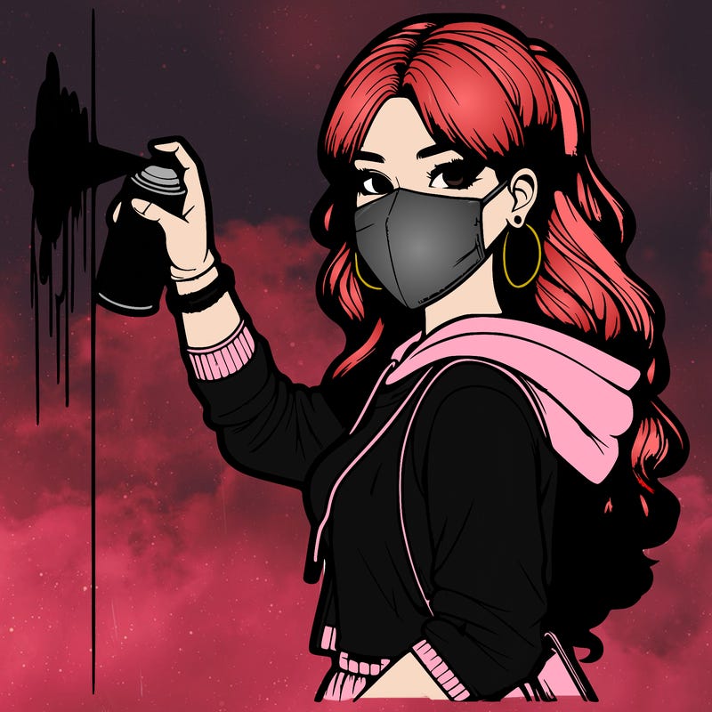 realistic girl with mask spray painting a wall