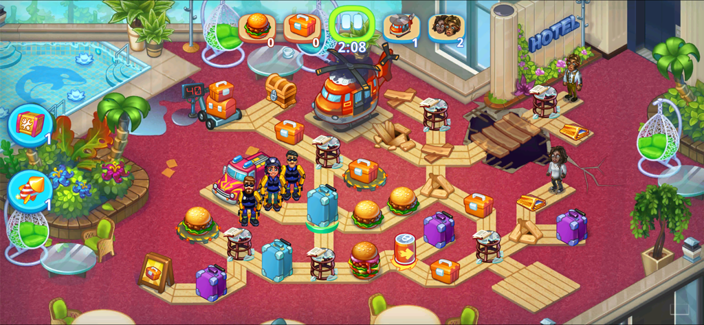 Rescue Dash - Jogabilidade de Rescue Dash mostrando a equipe de resgate limpando detritos e coletando recursos no lobby de um hotel.