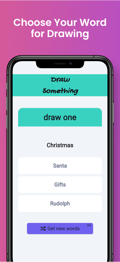 Draw Something AI - Pantalla móvil que muestra opciones de palabras para dibujar en la aplicación Draw Something AI, incluyendo Regalos de Santa y Rudolph