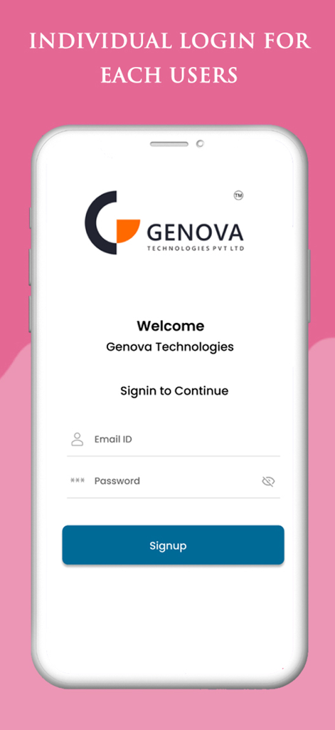 Smart Build mobile app login screen with email and password fields for individual user access.
