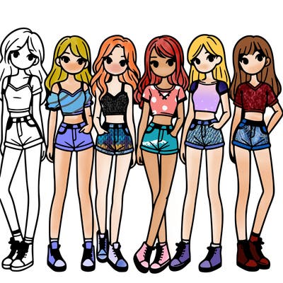 a group of girls wearing crop tops and shorts