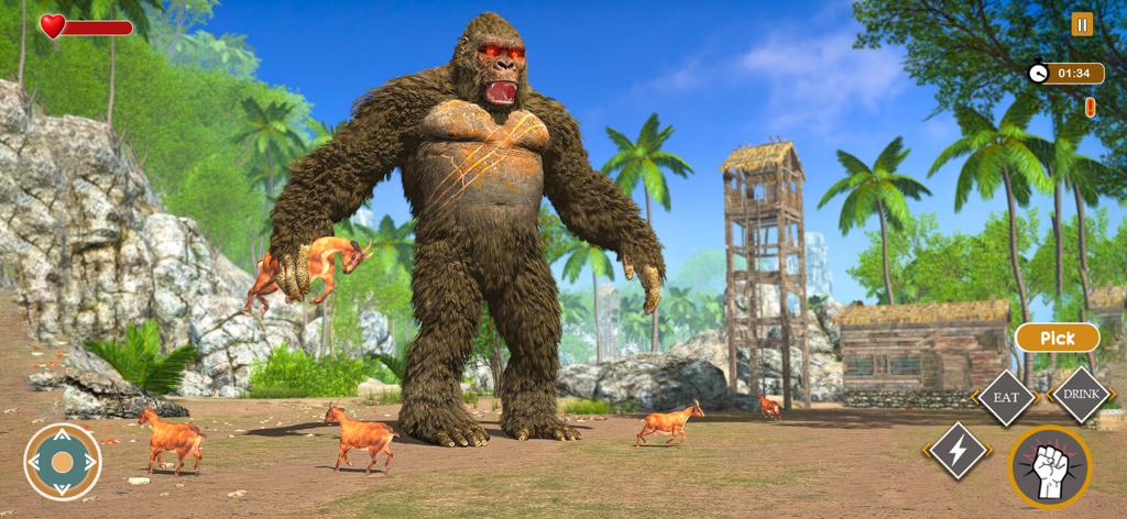 Un gorila gigante con ojos rojos brillantes sosteniendo una cabra salvaje en una jungla tropical.