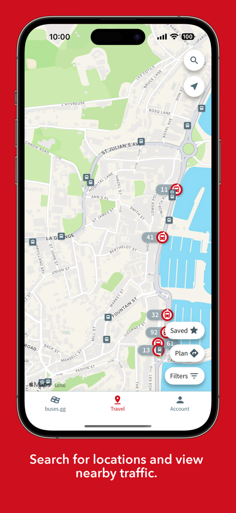 Buses gg - Buses gg mobile app interface showing a map of Guernsey with bus routes and real time stops