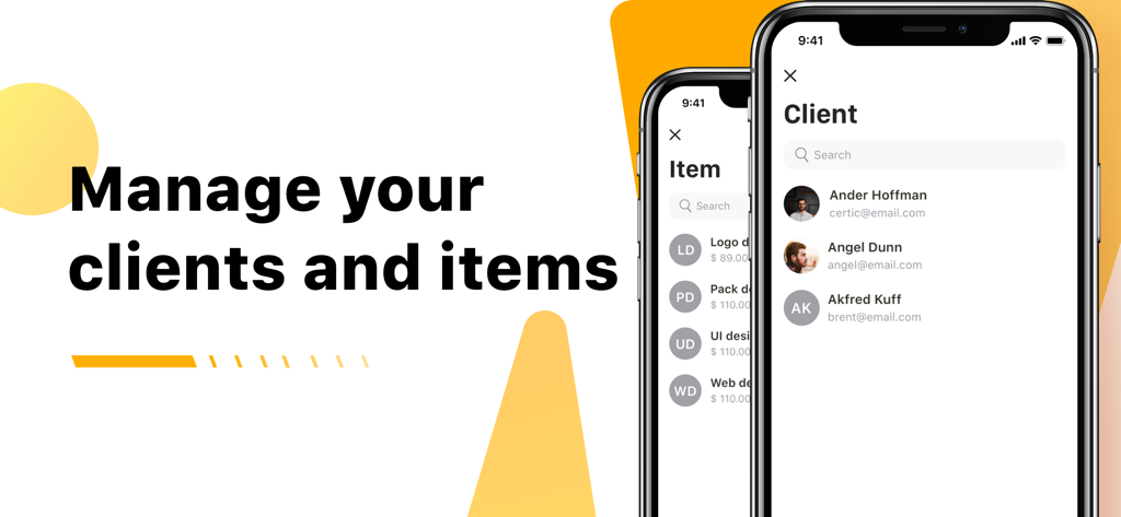 Nova Invoice-PDF Invoice Maker - Nova Invoice app interface for managing clients and service items on an iPhone