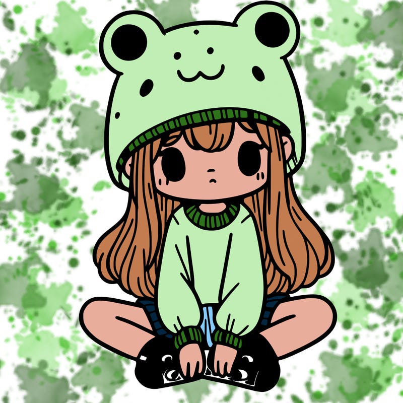 a girl wearing a frog hat and some frog socks