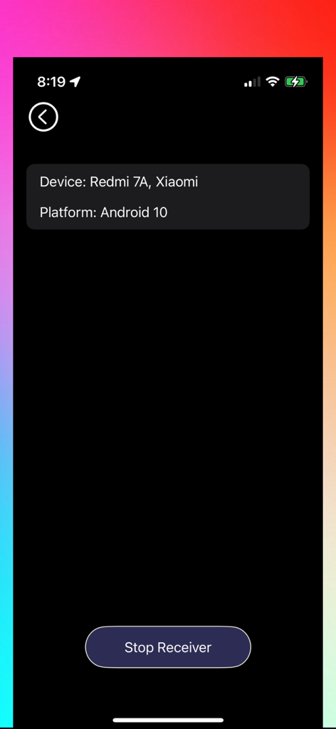Interface of Any Cast app showing a connected Android device receiver with a stop button