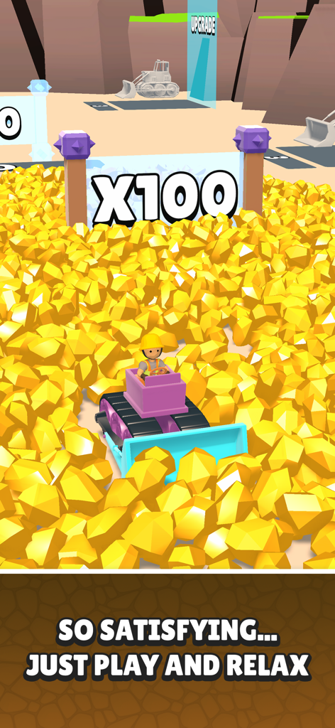 A purple mining vehicle collecting a massive pile of gold nuggets in the Drill and Collect mobile game