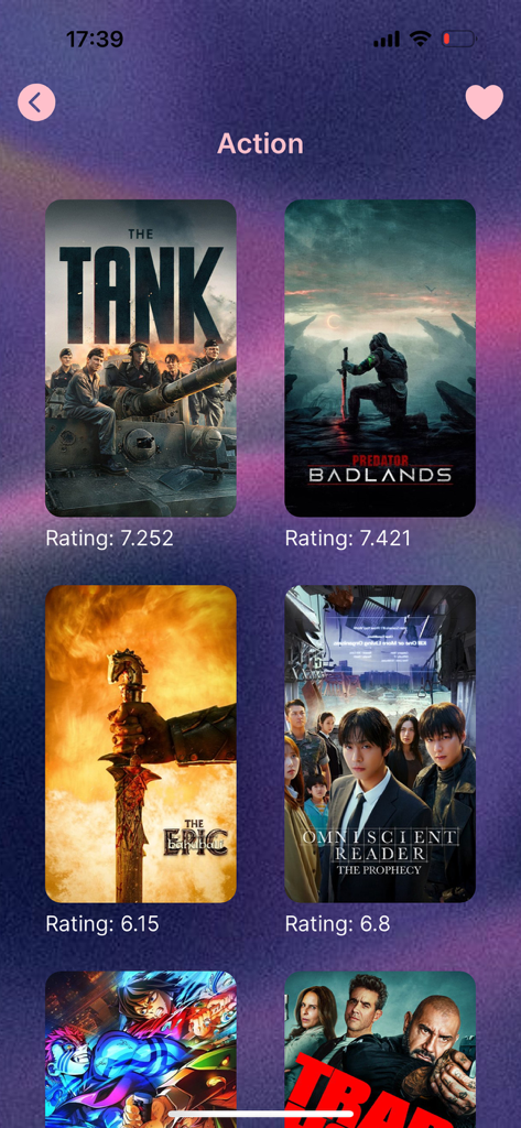 Movio: movies watchlist - Movio app interface displaying a curated list of action movies with posters and ratings.