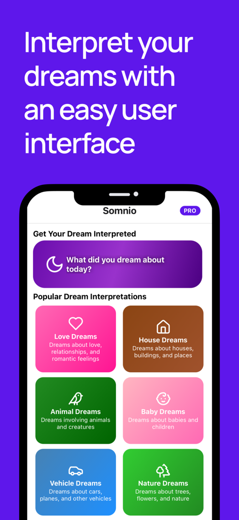 Somnio AI - Dream Analyzer - Somnio AI dream analyzer app interface showing popular categories for dream interpretation like love and nature