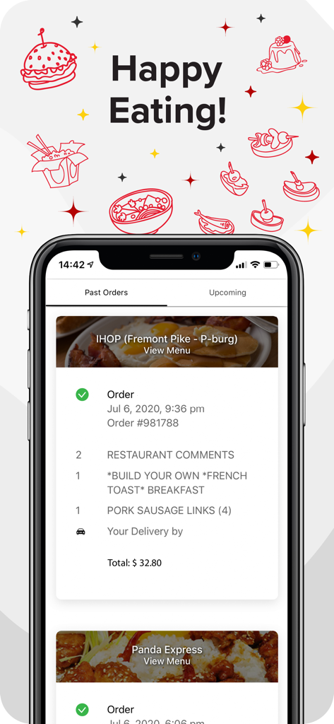 The 352 Delivery app interface showing a history of past food orders including IHOP and Panda Express