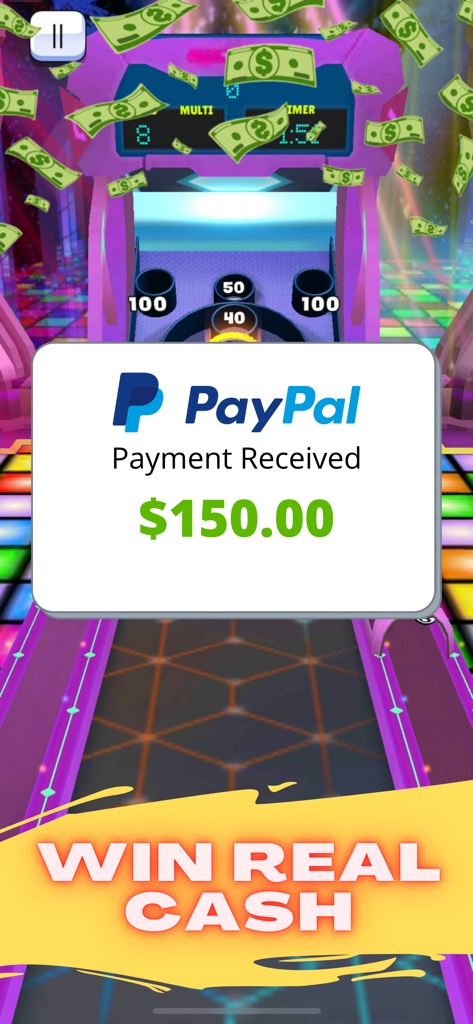 Arcade Bowling Money Games 3D - Arcade bowling game screen with a PayPal notification for 150 dollars and text saying win real cash