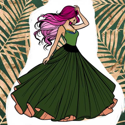 realistic woman with dress flowing in the wind