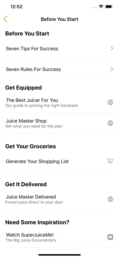 Jason Vale Super Blend Me app preparation screen with tips and shopping list options