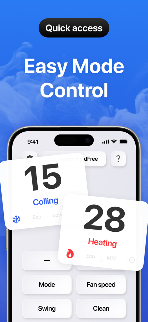 Universal AC Remote Control ‧ - Una pantalla de smartphone que muestra la aplicación Control Remoto Universal de Aire Acondicionado con opciones de modo para enfriamiento y calefacción