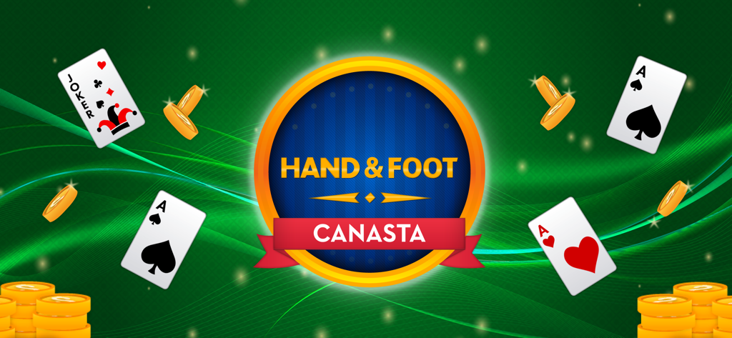 Canasta Hand and Foot Kartenspiel-Logo mit Spielkarten und Goldmünzen auf grünem Hintergrund