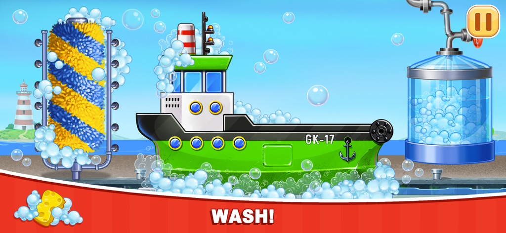 A green toy tugboat covered in soap bubbles being cleaned in a virtual car wash level for kids.