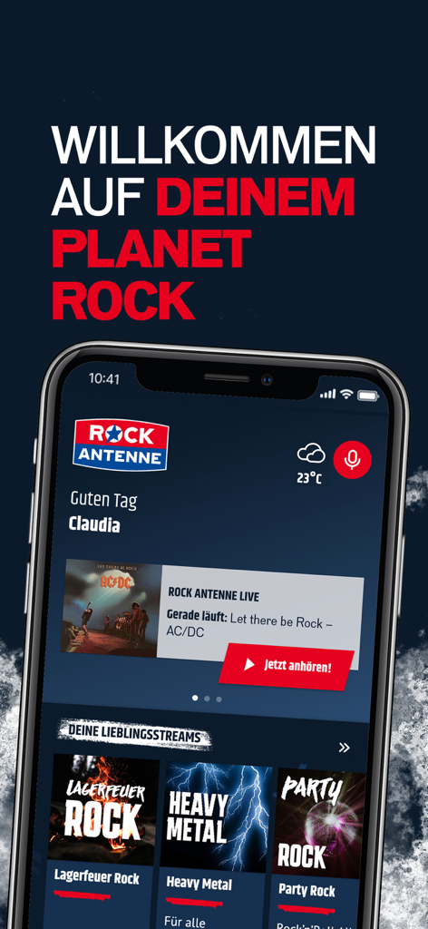 La pantalla de inicio de la aplicación Rock Antenne mostrando música en vivo de AC DC y varios streams de géneros como heavy metal y party rock