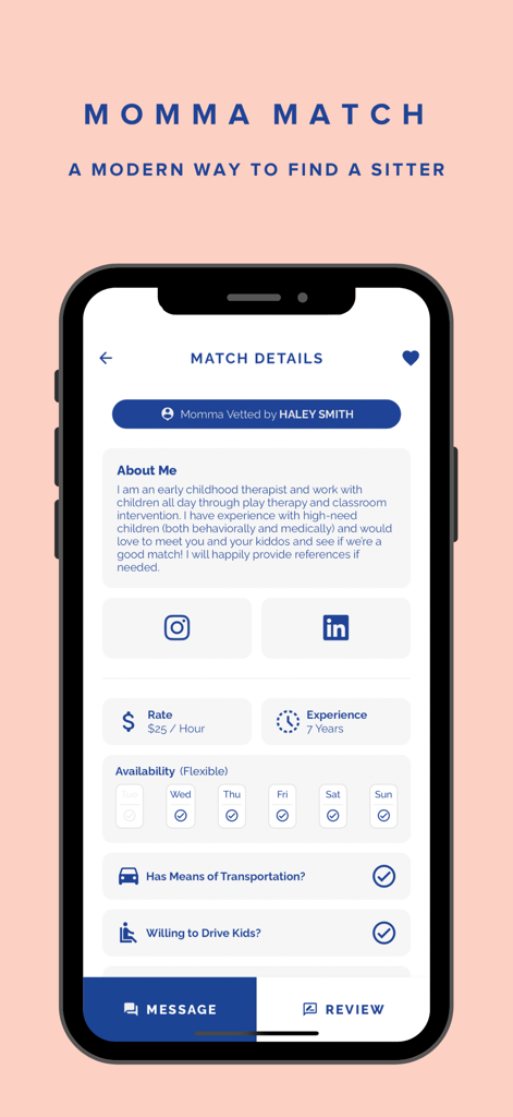 A detailed babysitter profile screen on the Momma Match app showing rates experience and availability