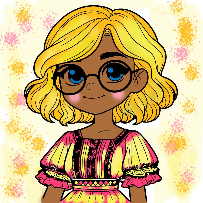 one girl with medium short hair, which are wavy. she has round glasses. she wears a latina outfit.