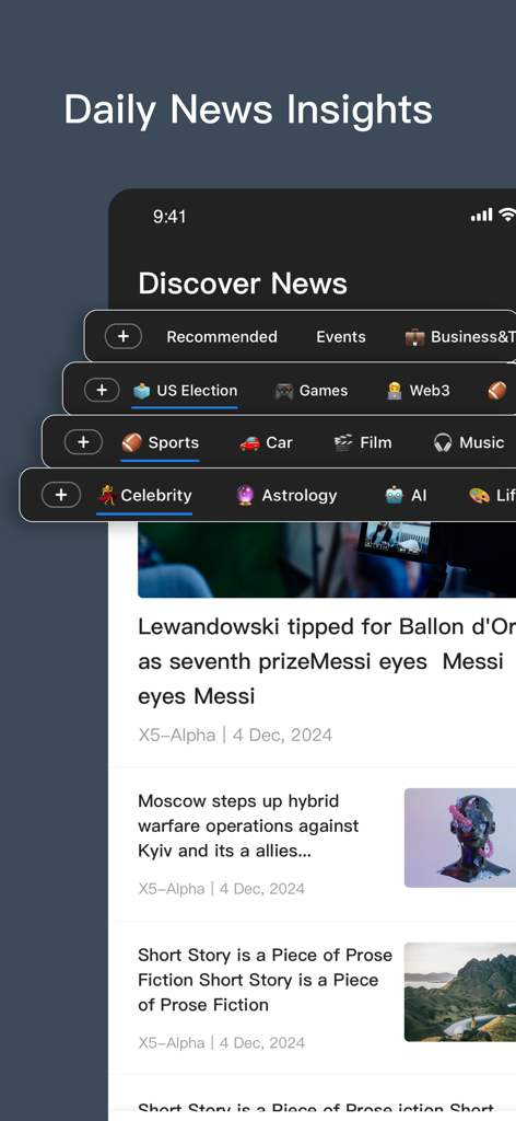 Lexi AI- Smart News Assistant - Lexi AI mobile app interface showing the Daily News Insights discovery feed with topic categories like sports, film, and celebrity news.