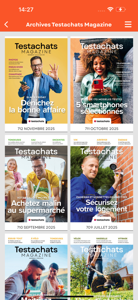 Testachats Digital - スマートフォン画面に表示されたTestachats消費者雑誌の表紙のデジタルアーカイブ