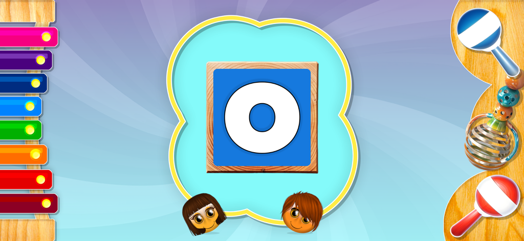ABCs Song - Interface d'application éducative montrant la lettre O sur un bloc en bois avec des instruments de musique colorés