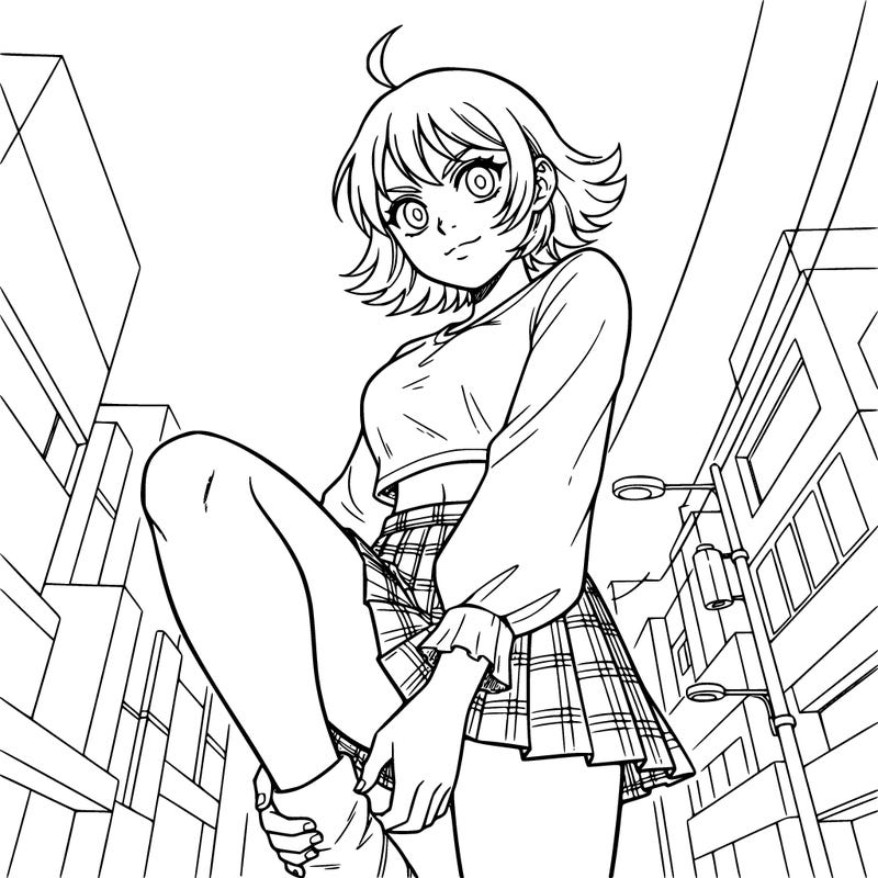 a girl with a twisted leg and short hair and is wearing a skirt and a long sleeve crop top