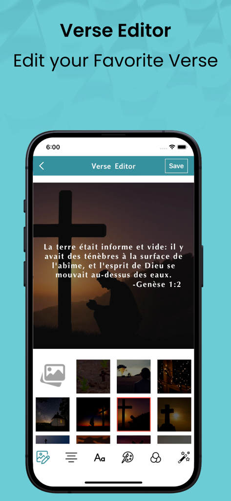 Verse Editor feature in the 1599 Geneva Bible app showing a verse overlay on a background image of a person praying at a cross.