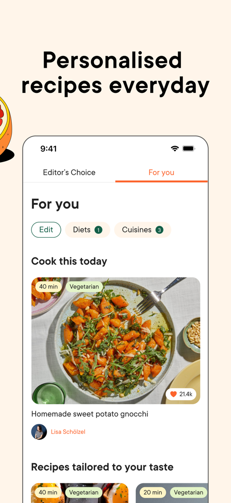 Interfaccia dell'app Kitchen Stories che mostra consigli personalizzati di ricette per piatti vegetariani