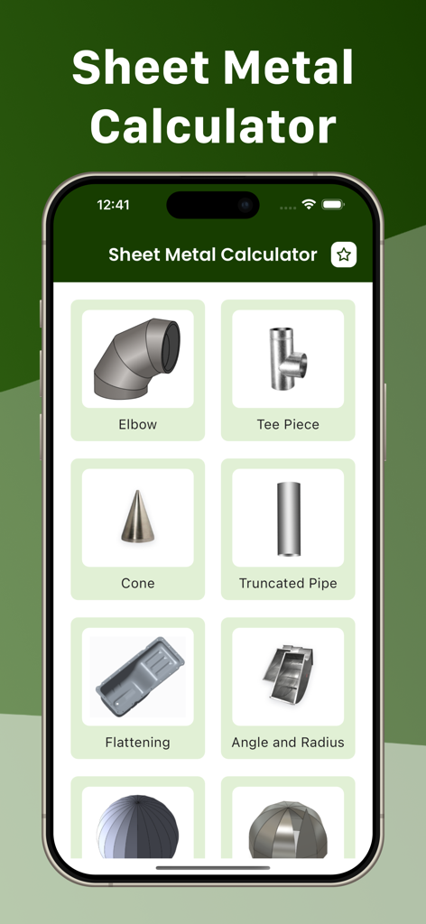 Hauptmenü der Blech-Rechner-App, das verschiedene Berechnungsmodule wie Ellbogen, T-Stück und Kegel anzeigt.