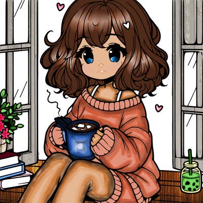cute anime girl reading book and drinking hot chocolate from mug with loose wavy hair wearing a baggy sweatshirt and shorts sitting by windowsill looking out