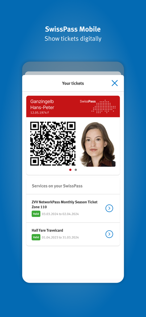 ZVV - Interface do aplicativo ZVV exibindo um bilhete digital SwissPass Mobile com um código QR e detalhes do bilhete de viagem.