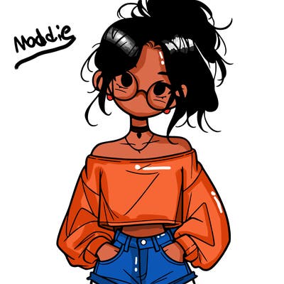 girl with a messy ponytail glasses a baggy crop top and jean shorts