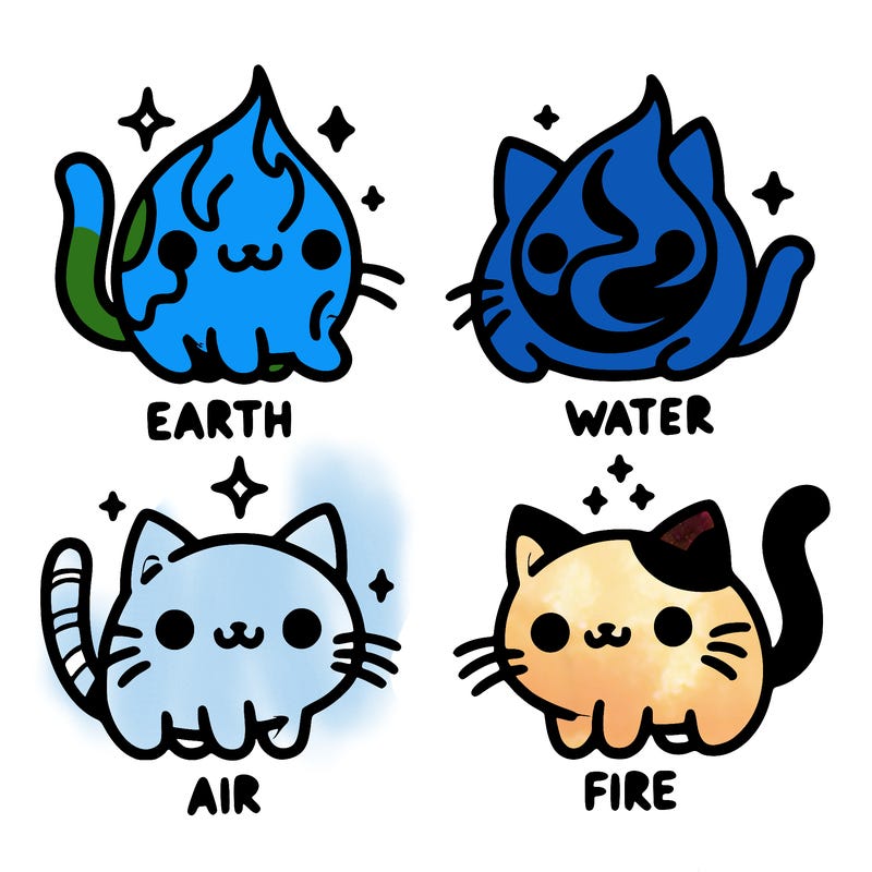 4 cats that represent the different elements, earth, water, air, and fire