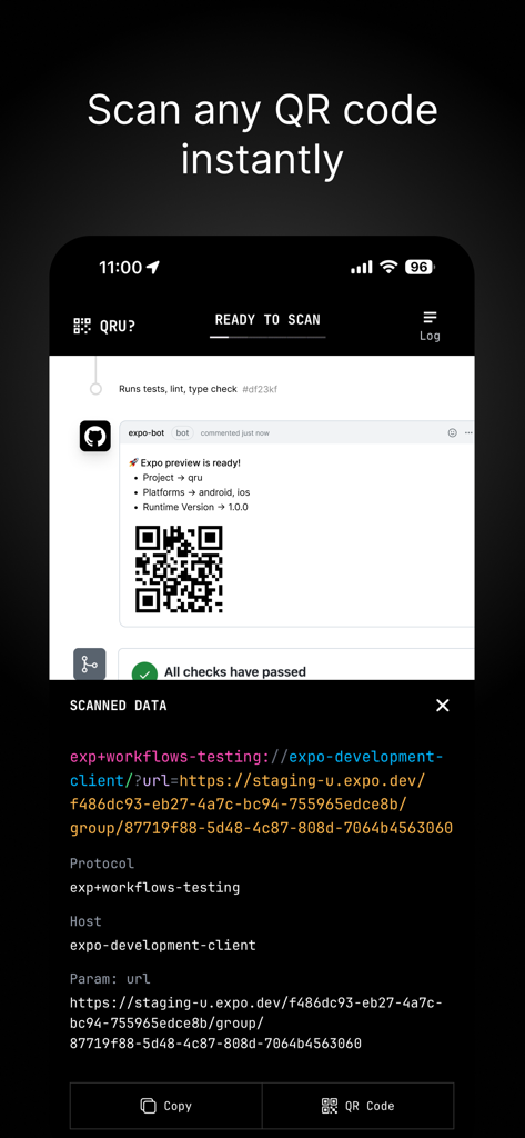 QRU? - QR Code Debugger - Interface do aplicativo QRU? escaneando um código QR de um comentário do GitHub e exibindo uma análise codificada por cores dos componentes da URL, como protocolo e host.