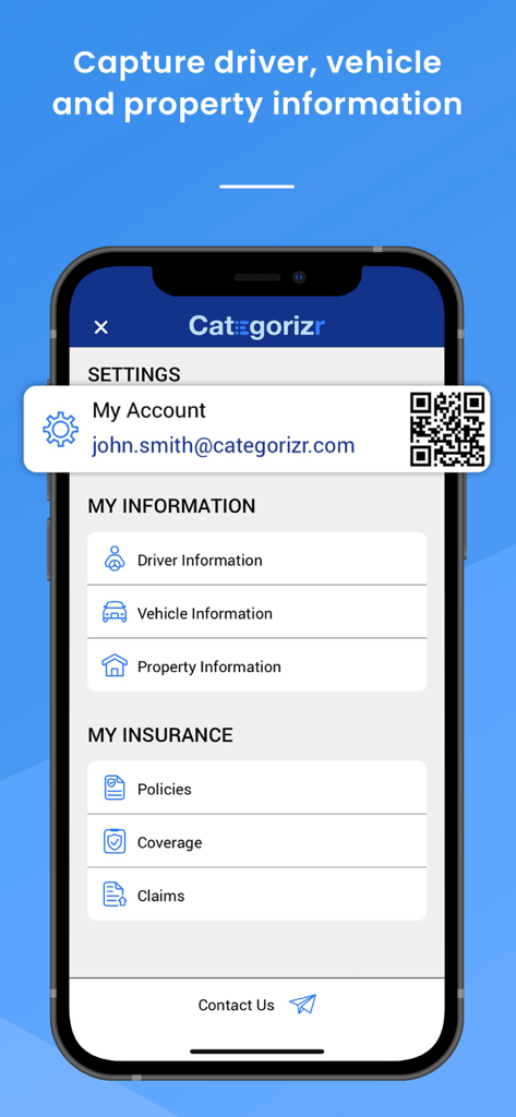 Categorizr-App-Oberfläche, die Abschnitte zur Verwaltung von Fahrer-, Fahrzeug-, Eigentums- und Versicherungsinformationen anzeigt.
