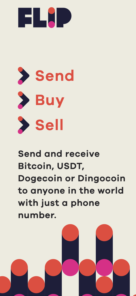 The Flip App - Interfaz de The Flip App que muestra opciones para enviar, comprar y vender criptomonedas usando un número de teléfono
