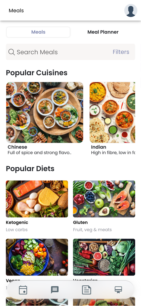 Écran de l'application Waterfront Wellness montrant des recettes saines organisées par cuisines populaires et types de régimes comme Kétogéne et Végétalien.