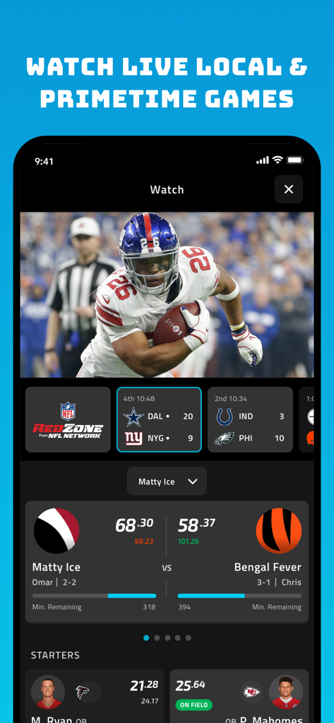 NFL Fantasy Football - NFL Fantasy Football app interface displaying a live game stream and real time fantasy score tracking