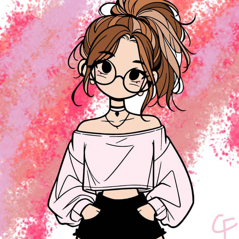 girl with a messy ponytail glasses a baggy crop top and jean shorts