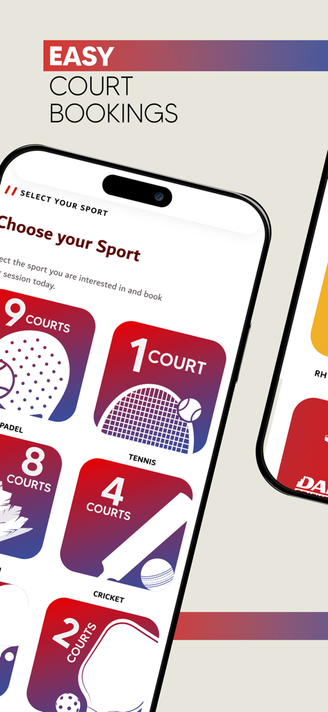 Danube Sports World - Mobile app screen showing sports court booking options for padel tennis and cricket